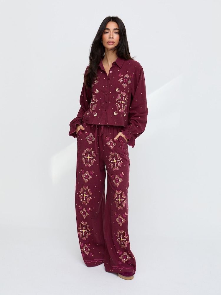 Raffya Purple Penny Wide Leg Embroidered Trousers - Image 1 of 6 Raffya Purple Penny Wide Leg Embroidered Trousers - Image 1 of 6