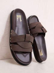 Friends Like These Chocolate Brown Faux Suede Woven Strap Studded Footbed Sandals - Image 1 of 4