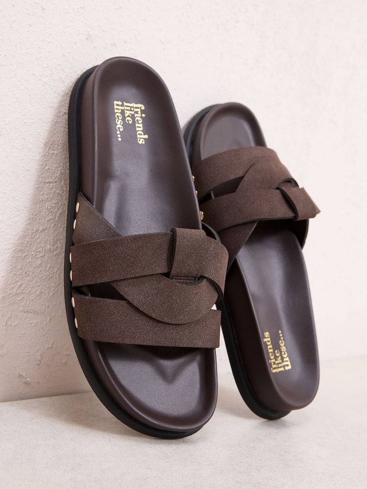Friends Like These Chocolate Brown Faux Suede Woven Strap Studded Footbed Sandals - Image 1 of 4