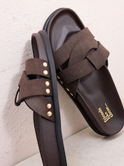 Friends Like These Chocolate Brown Faux Suede Woven Strap Studded Footbed Sandals - Image 2 of 4