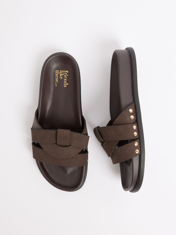 Friends Like These Chocolate Brown Faux Suede Woven Strap Studded Footbed Sandals - Image 4 of 4
