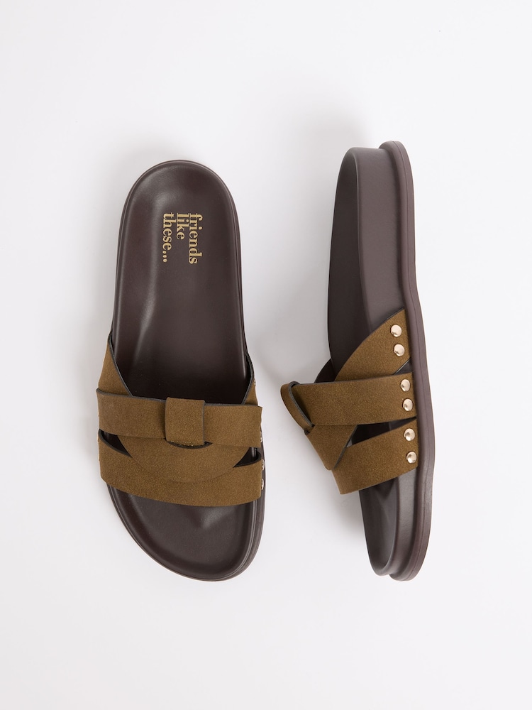 Friends Like These Olive Green Faux Suede Woven Strap Studded Footbed Sandals - Image 4 of 4