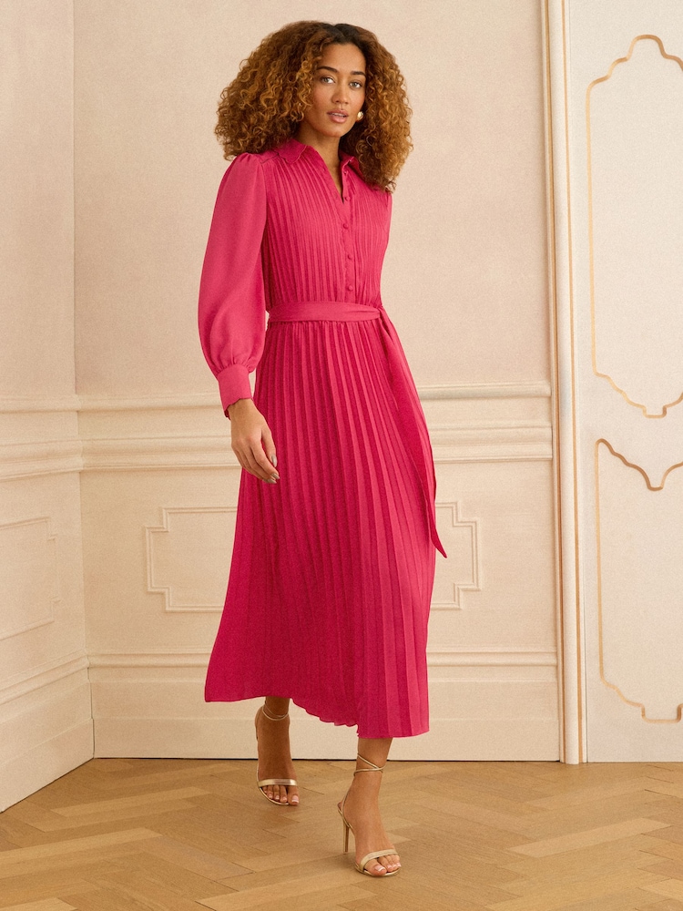 Love & Roses Pink Pleated Detail Midi Dress - Image 1 of 4