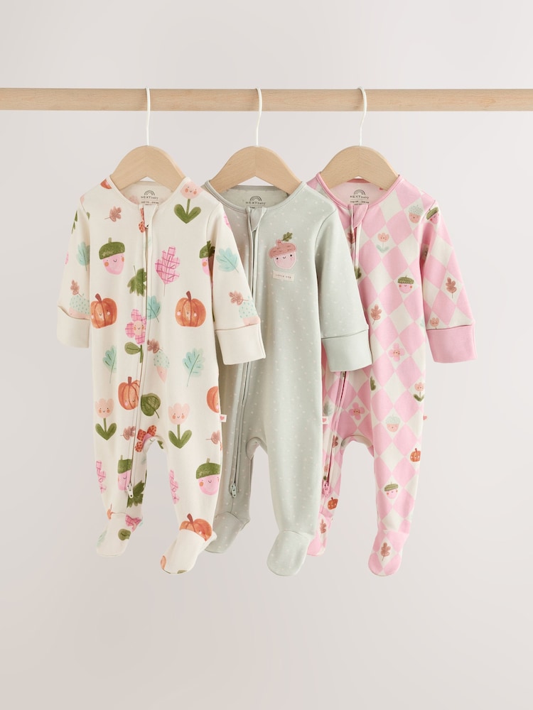 Sage Green Acorn 3 Pack Two Way Zip Baby Sleepsuit (0-3yrs) - Image 1 of 11