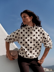 White/Chocolate Brown Polka Dot Funnel Neck Bomber Jacket - Image 1 of 7