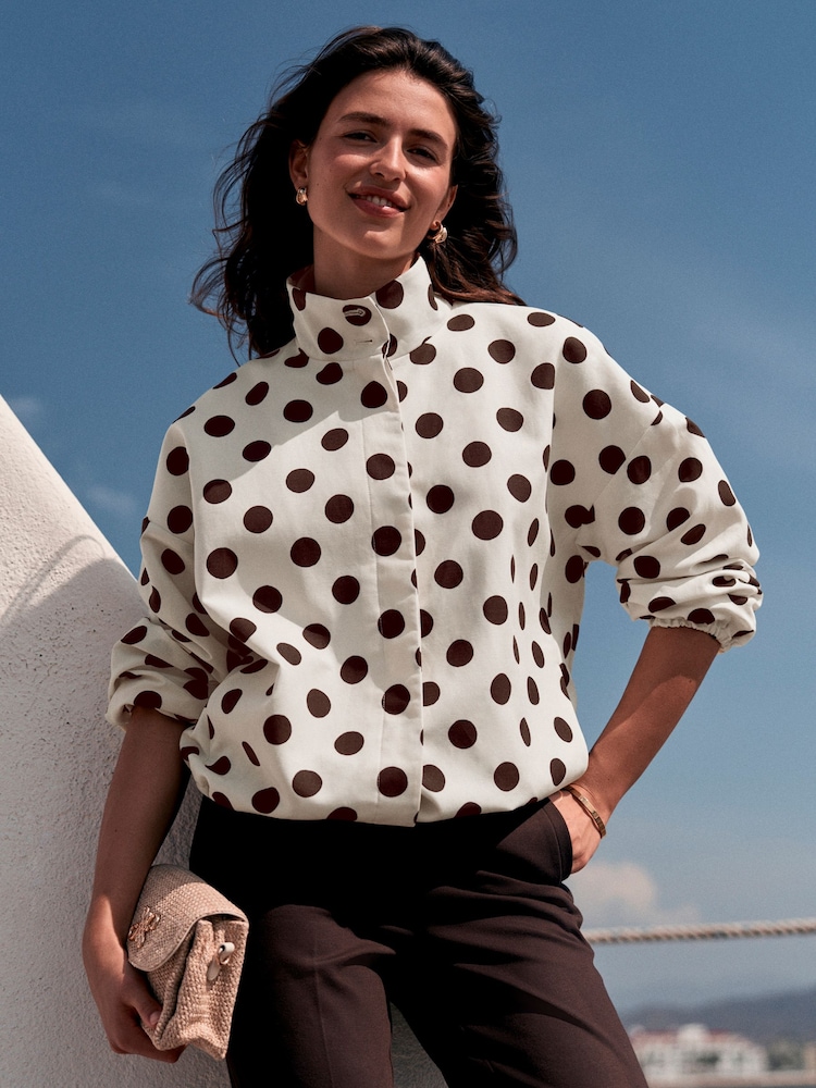 White/Chocolate Brown Polka Dot Funnel Neck Bomber Jacket - Image 2 of 7