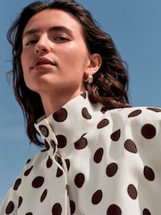 White/Chocolate Brown Polka Dot Funnel Neck Bomber Jacket - Image 4 of 7