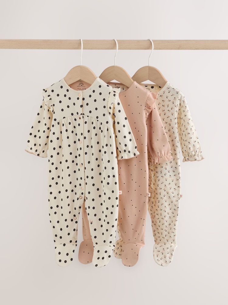Cream/Pink Polka Dot Baby Sleepsuits 3 Pack (0mths-2yrs) - Image 1 of 14