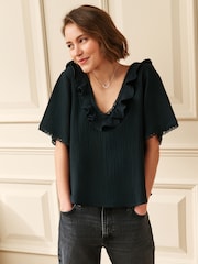 Laura Ashley Black Ruffle Short Sleeve Linen Blend Top - Image 1 of 4