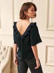 Laura Ashley Black Ruffle Short Sleeve Linen Blend Top - Image 2 of 4