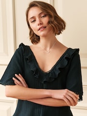 Laura Ashley Black Ruffle Short Sleeve Linen Blend Top - Image 3 of 4