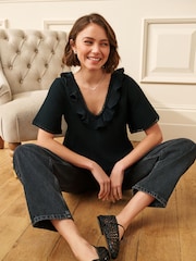 Laura Ashley Black Ruffle Short Sleeve Linen Blend Top - Image 4 of 4