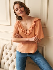 Laura Ashley Peach Pink Ruffle Short Sleeve Linen Blend Top - Image 1 of 4