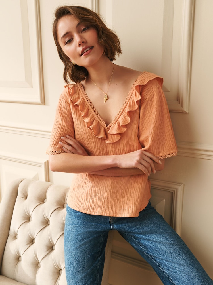 Laura Ashley Peach Pink Ruffle Short Sleeve Linen Blend Top - Image 1 of 4