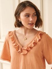 Laura Ashley Peach Pink Ruffle Short Sleeve Linen Blend Top - Image 2 of 4
