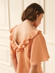 Laura Ashley Peach Pink Ruffle Short Sleeve Linen Blend Top - Image 3 of 4