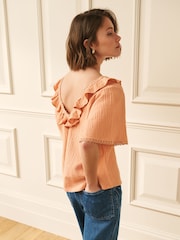 Laura Ashley Peach Pink Ruffle Short Sleeve Linen Blend Top - Image 4 of 4