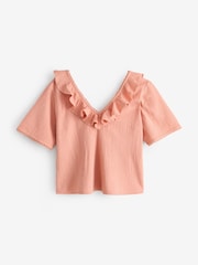 Laura Ashley Peach Pink Ruffle Short Sleeve Linen Blend Top - Image 5 of 7