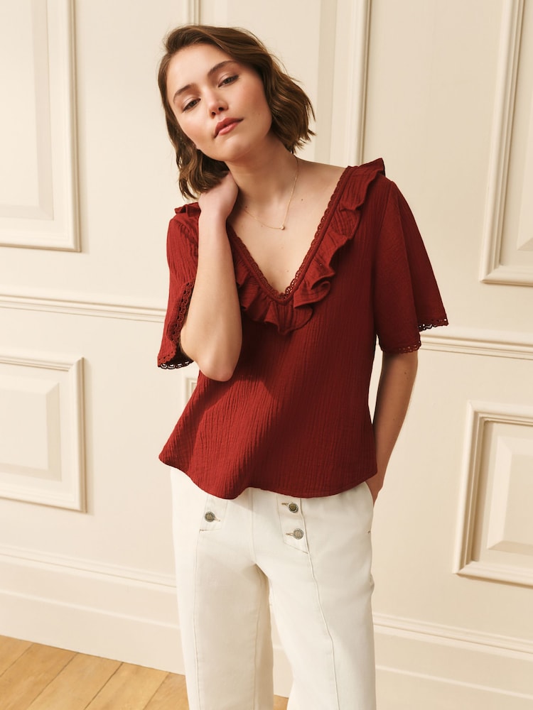 Laura Ashley Berry Red Ruffle Short Sleeve Linen Blend Top - Image 1 of 3