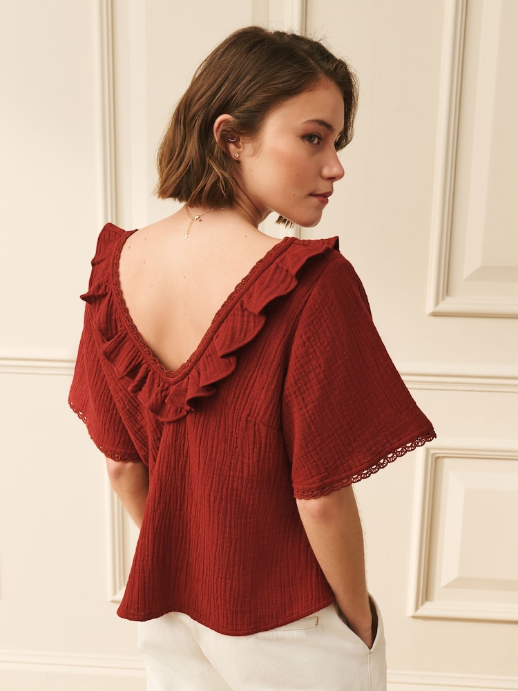 Laura Ashley Berry Red Ruffle Short Sleeve Linen Blend Top - Image 2 of 3