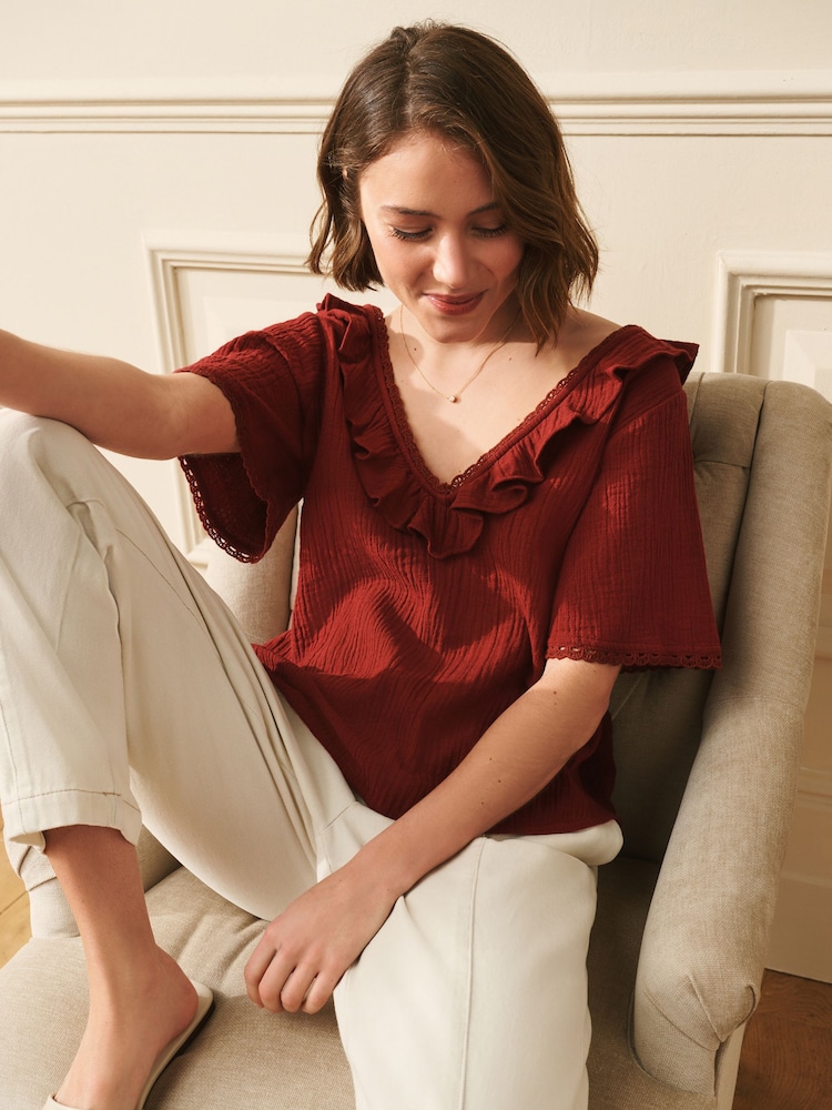 Laura Ashley Berry Red Ruffle Short Sleeve Linen Blend Top - Image 3 of 3