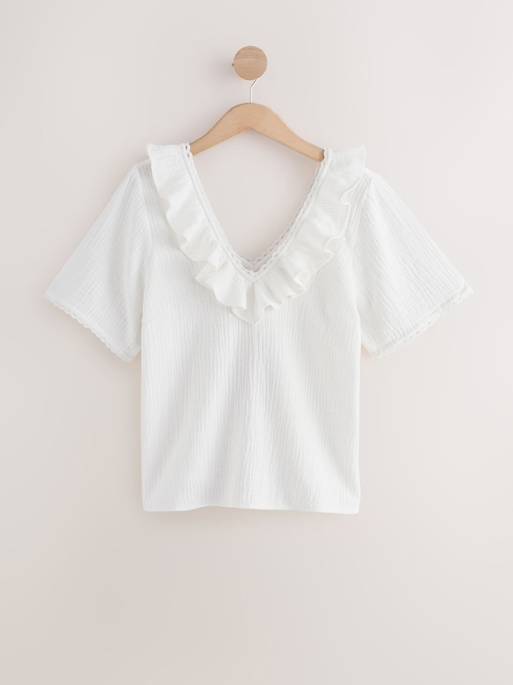 Laura Ashley White Ruffle Short Sleeve Linen Blend Top - Image 1 of 3
