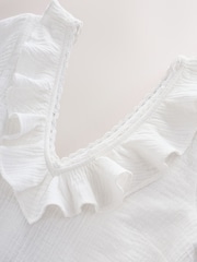Laura Ashley White Ruffle Short Sleeve Linen Blend Top - Image 2 of 3
