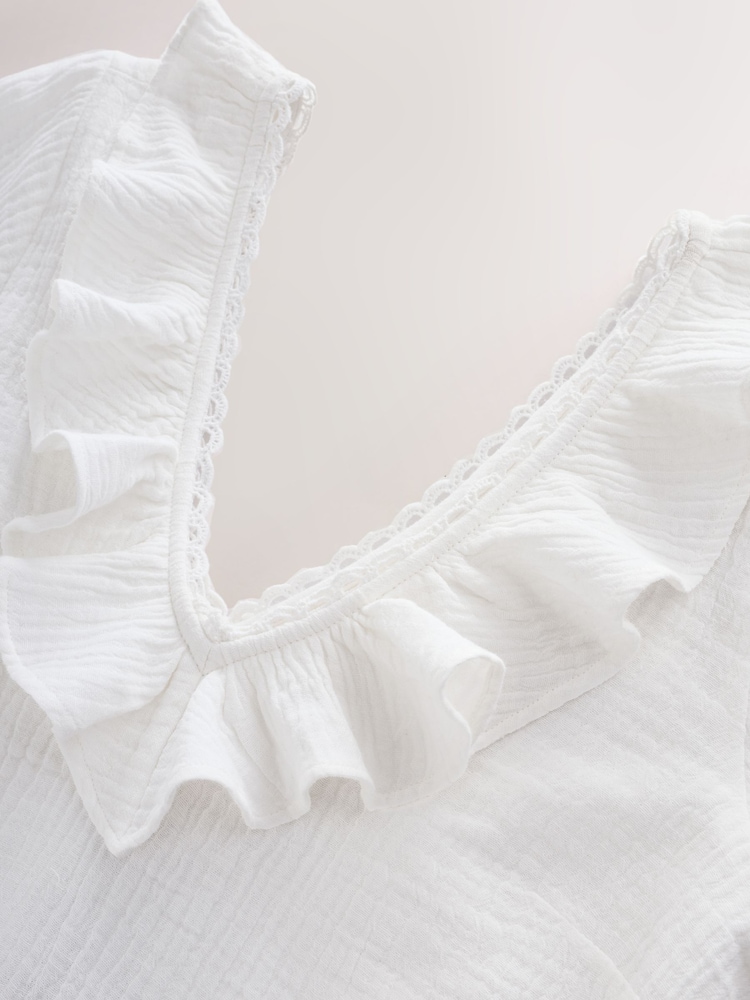 Laura Ashley White Ruffle Short Sleeve Linen Blend Top - Image 2 of 3