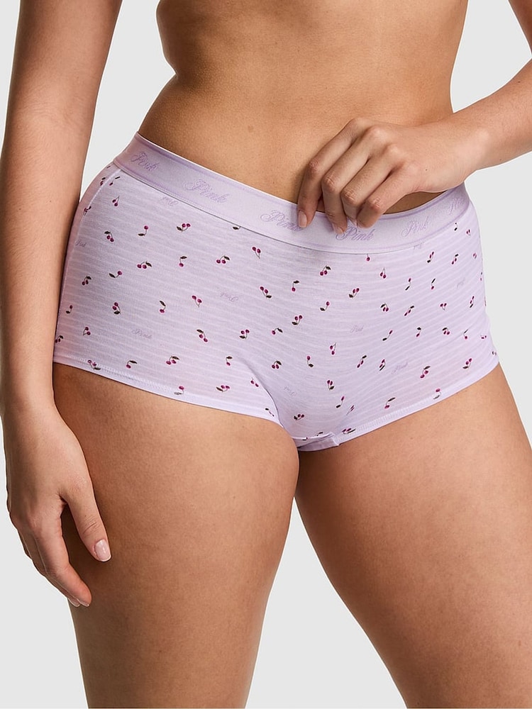 Victoria's Secret PINK Purple Whisper Cherry Print Boyshort Cotton Logo Knickers - Image 1 of 2 Victoria's Secret PINK Purple Whisper Cherry Print Boyshort Cotton Logo Knickers - Image 1 of 2