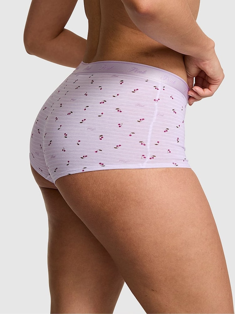 Victoria's Secret PINK Purple Whisper Cherry Print Boyshort Cotton Logo Knickers - Image 2 of 2 Victoria's Secret PINK Purple Whisper Cherry Print Boyshort Cotton Logo Knickers - Image 2 of 2