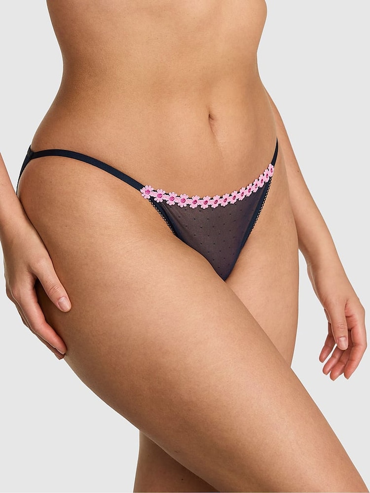 Victoria's Secret Pink Noir Navy Blue String Bikini Daisy Embroidery Knickers - Image 1 of 3