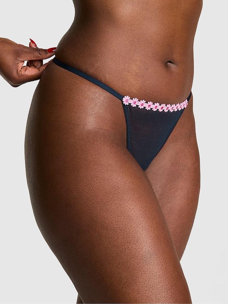 Victoria's Secret Pink Noir Navy Blue G-String Daisy Embroidery Knickers - Image 1 of 3