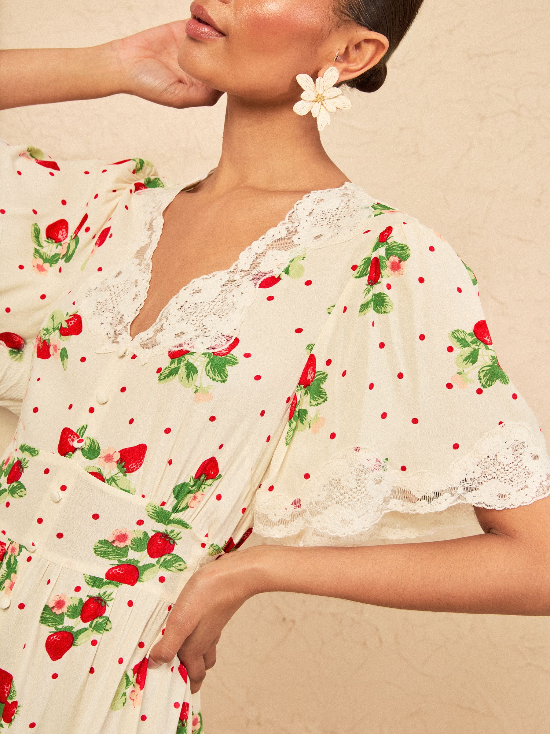 Buy Love & Roses Ivory Strawberry Print Petite Lace Midaxi Tea