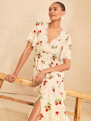 Love & Roses Ivory Strawberry Print Petite Lace Midaxi Tea Dress - Image 3 of 4