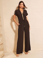 Love & Roses Chocolate Brown Petite Sequin Trim V-Neck Jumpsuit - Image 1 of 4