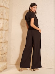 Love & Roses Chocolate Brown Petite Sequin Trim V-Neck Jumpsuit - Image 4 of 4