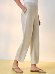 Neutral Beige Linen Rich Cropped Slim Tailored Trousers - Image 2 of 6