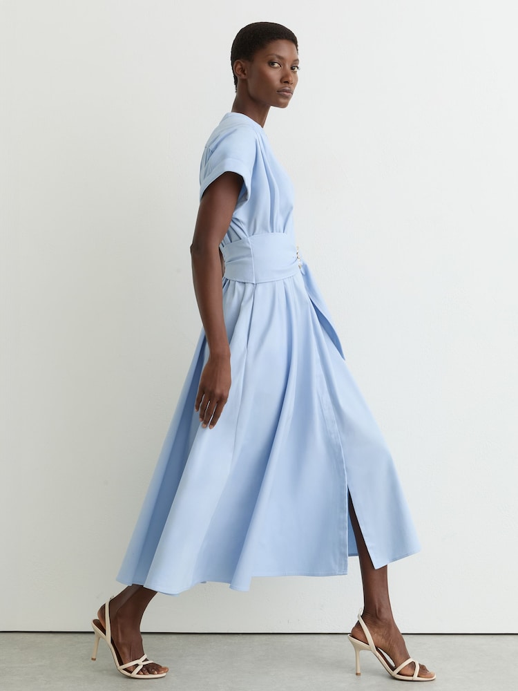Reiss Blue Sally Cotton Short-Sleeve Belted Midi Dress with Stretch - Image 1 of 7