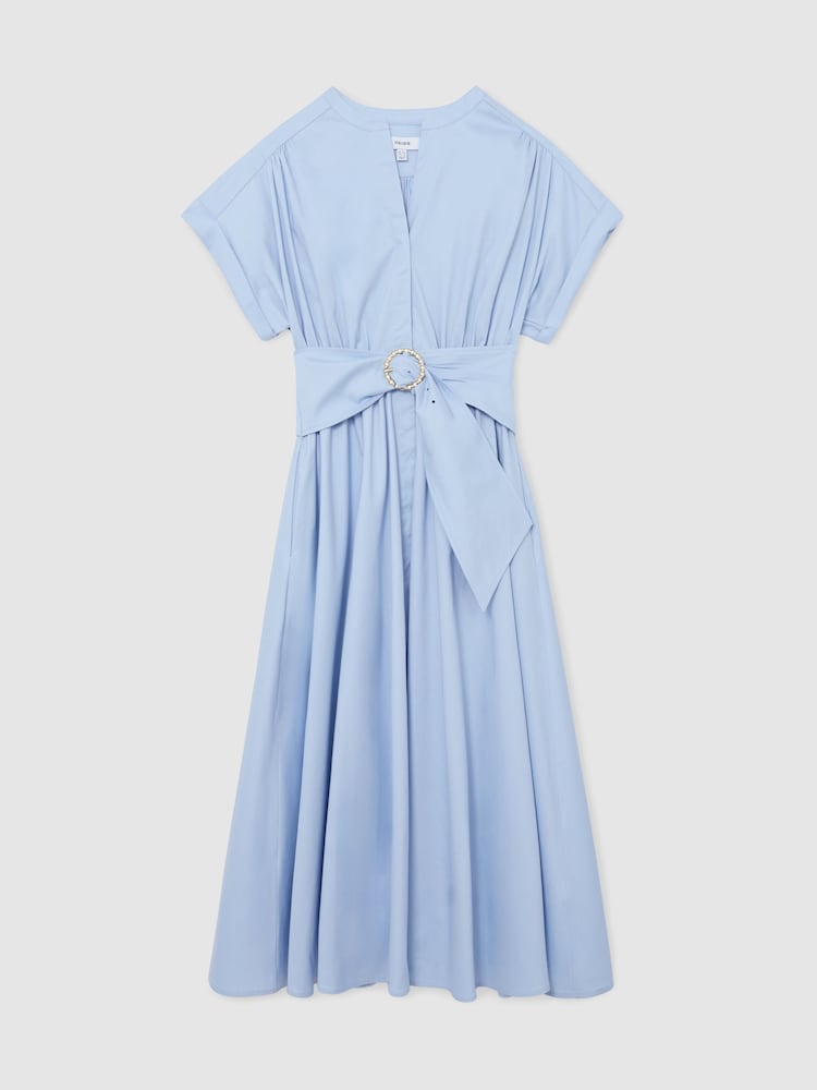 Reiss Blue Sally Cotton Short-Sleeve Belted Midi Dress with Stretch - Image 2 of 7