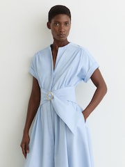 Reiss Blue Sally Cotton Short-Sleeve Belted Midi Dress with Stretch - Image 3 of 7