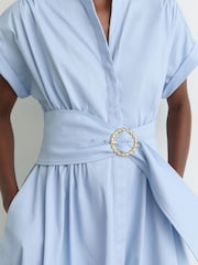 Reiss Blue Sally Cotton Short-Sleeve Belted Midi Dress with Stretch - Image 4 of 7