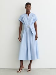 Reiss Blue Sally Cotton Short-Sleeve Belted Midi Dress with Stretch - Image 5 of 7