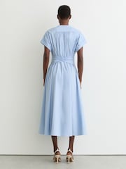 Reiss Blue Sally Cotton Short-Sleeve Belted Midi Dress with Stretch - Image 6 of 7