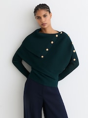 Reiss Teal Blue Lexi Rib-Knit Button Shawl Jumper - Image 1 of 6