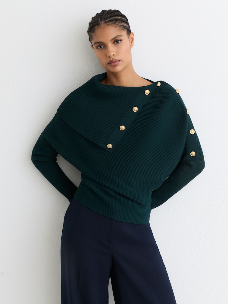 Reiss Teal Blue Lexi Rib-Knit Button Shawl Jumper - Image 1 of 6 Reiss Teal Blue Lexi Rib-Knit Button Shawl Jumper - Image 1 of 6