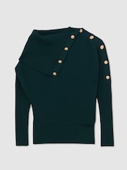 Reiss Teal Blue Lexi Rib-Knit Button Shawl Jumper - Image 2 of 6