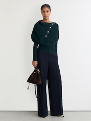 Reiss Teal Blue Lexi Rib-Knit Button Shawl Jumper - Image 3 of 6