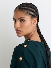 Reiss Teal Blue Lexi Rib-Knit Button Shawl Jumper - Image 4 of 6