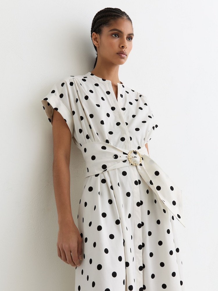 Reiss Sawyer Cotton Polka-Dot Belted Midi Dress with Stretch - Bilde 1 av 7