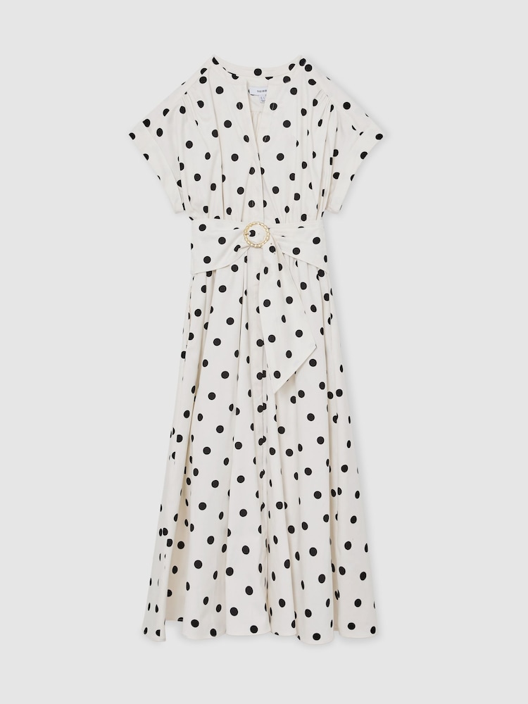 Reiss Sawyer Cotton Polka-Dot Belted Midi Dress with Stretch - Bilde 2 av 7